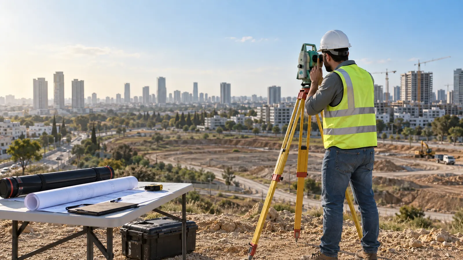 מודד מוסמך מבצע מדידה באתר פיתוח עירוני לצד תוכניות תכנון